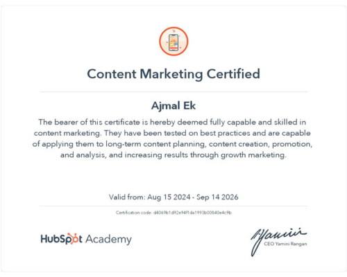 Content marketing certificate from Hubspot