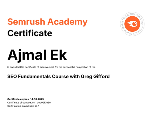 SEO certificate from Semrush earned by Ajmal ek