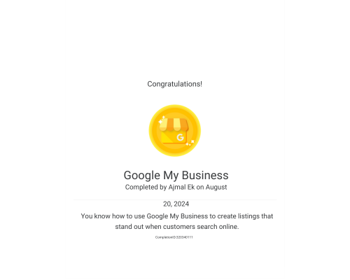 Google My Business Certificate Completed by Ajmal Ek