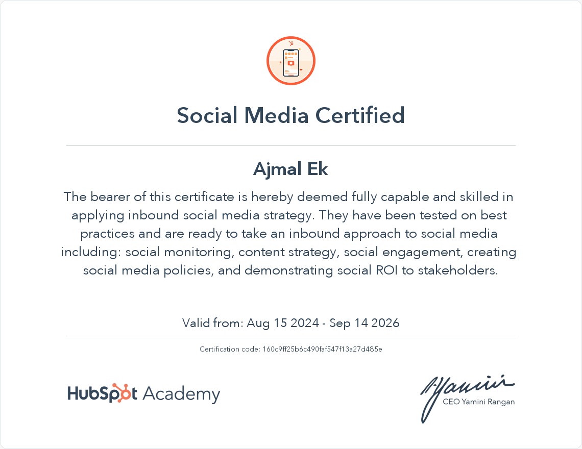 Social media certificate from Hubspot Academy